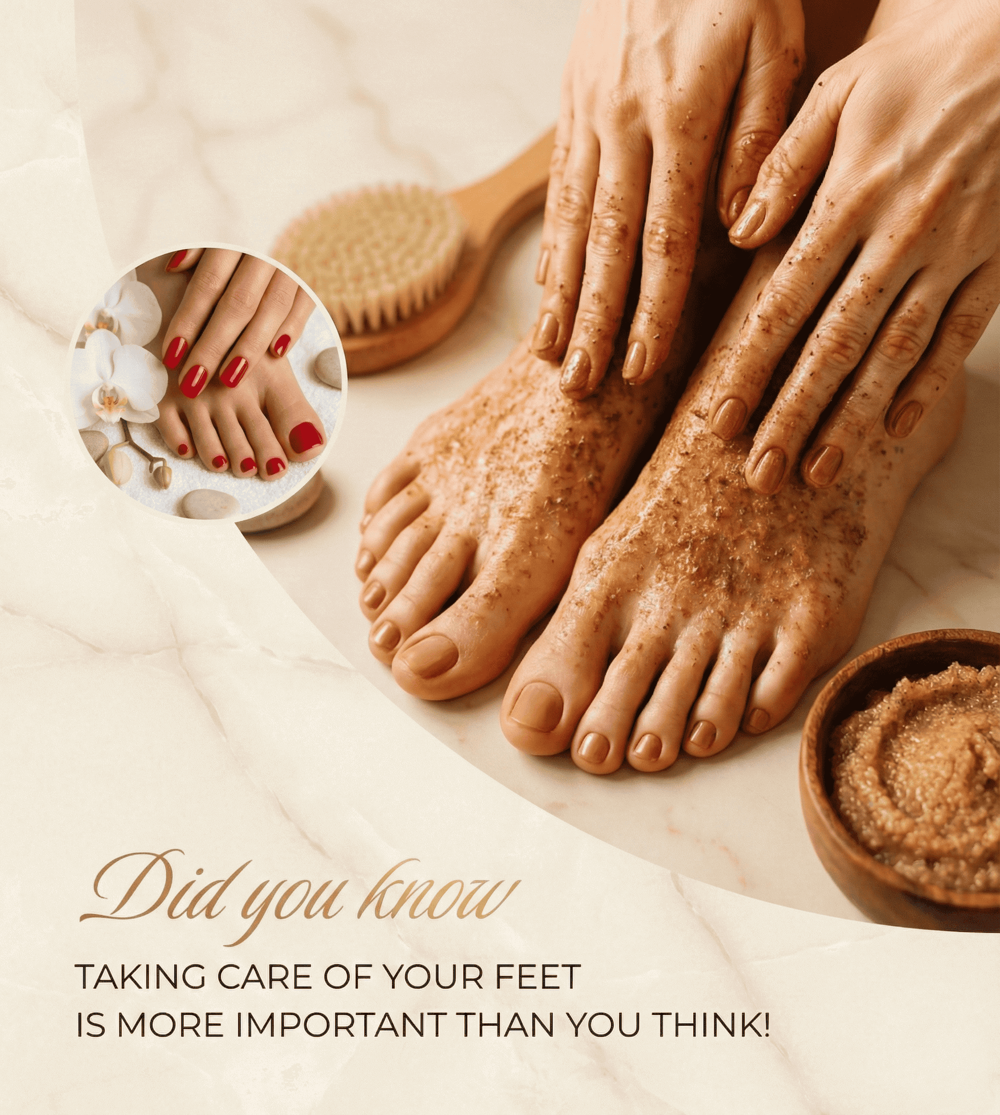 Feet and hands being exfoliated, showcasing foot care importance.