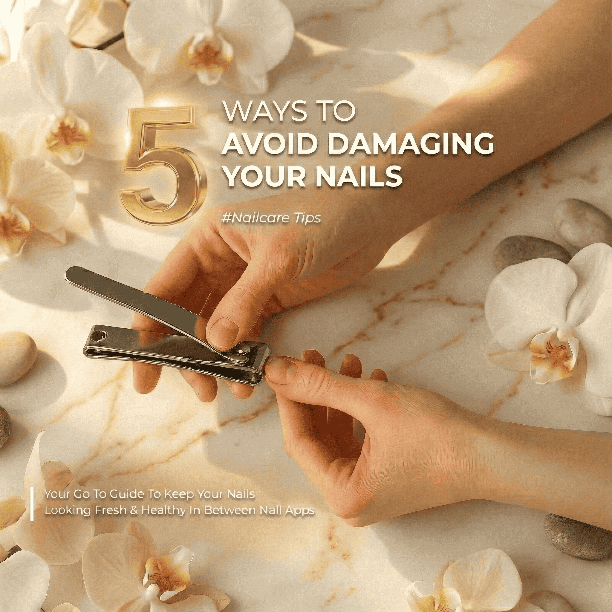 Person holding a nail clipper with white orchids and stones.