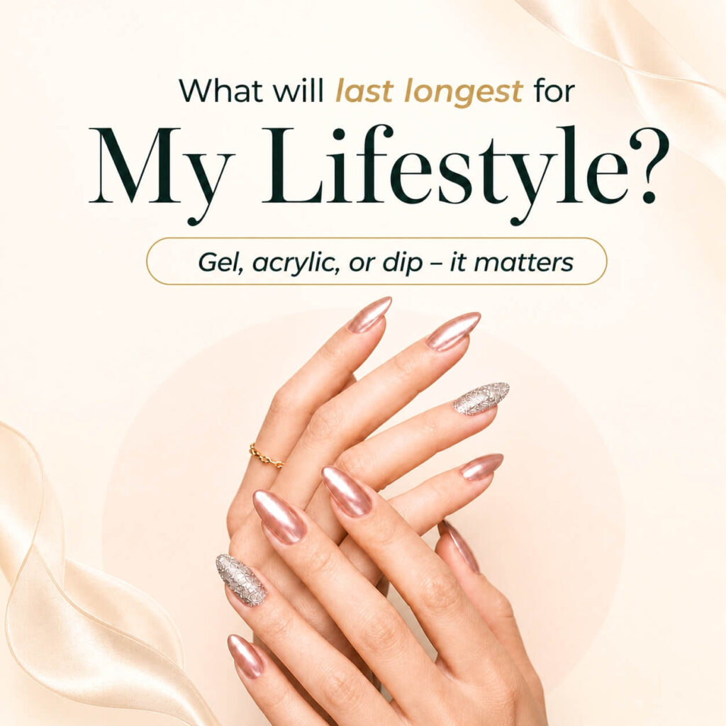 Rose-gold and silver manicures illustrating a comparison of gel, acrylic, and dip nails for different lifestyles