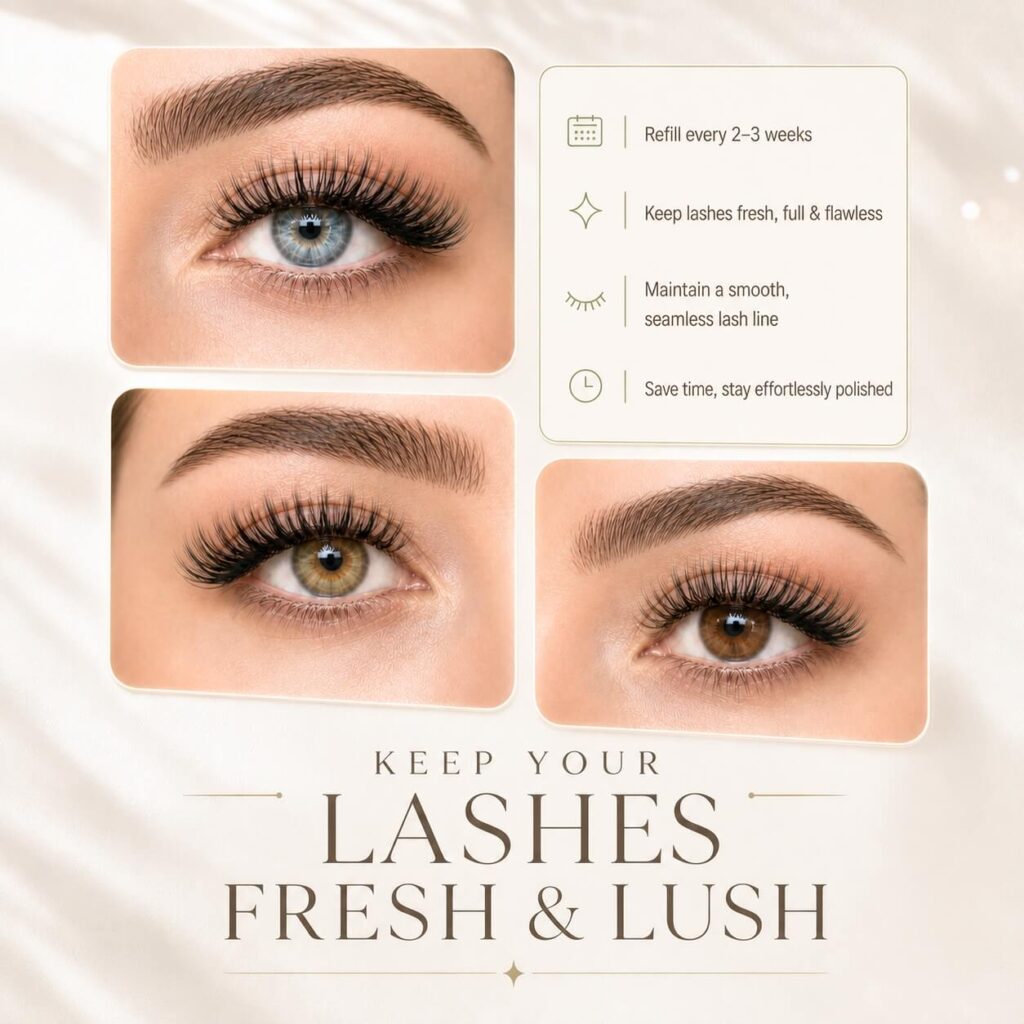 Client with full hybrid eyelash extensions after a refill at Happy Nail and Spa in Kissimmee, Florida