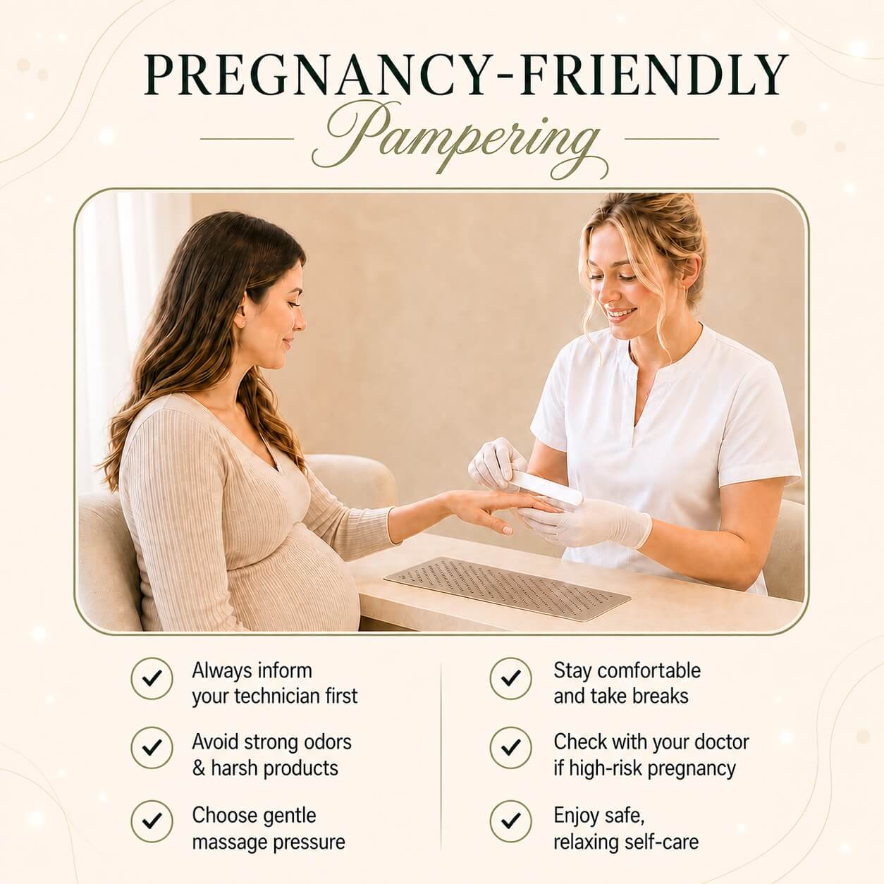 Pregnant client receiving a manicure from a nail technician with pregnancy-friendly salon tips.