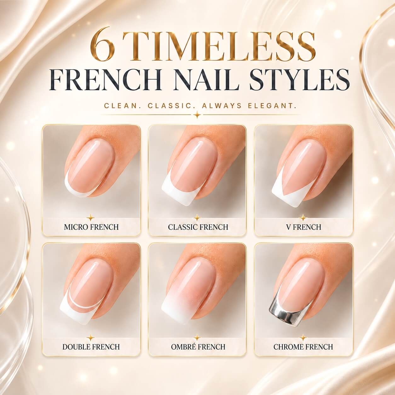 Comparison of Micro, Classic, V, Double, Ombré, and Chrome French nail styles