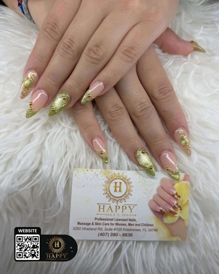 Green and gold nail design from Happy Nails & Spa